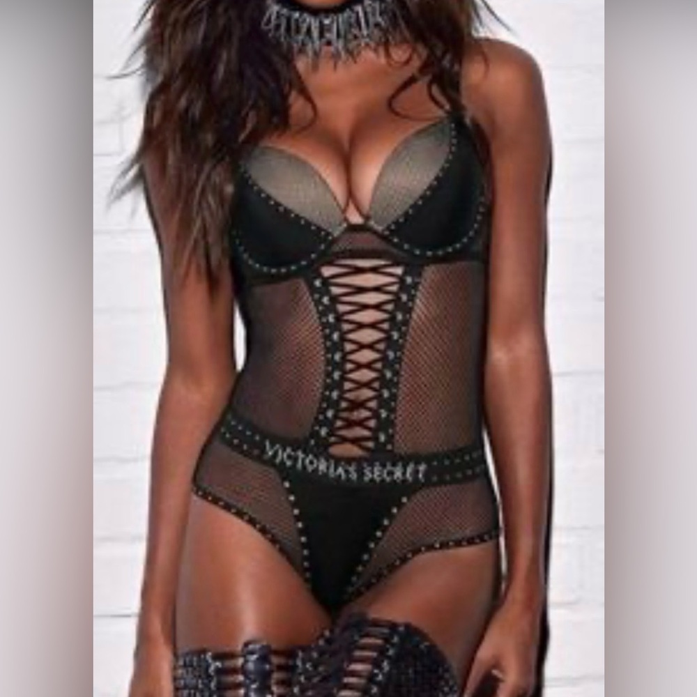 Victoria's Secret Black Studded Fishnet Bodysuit with Lace-Up Front